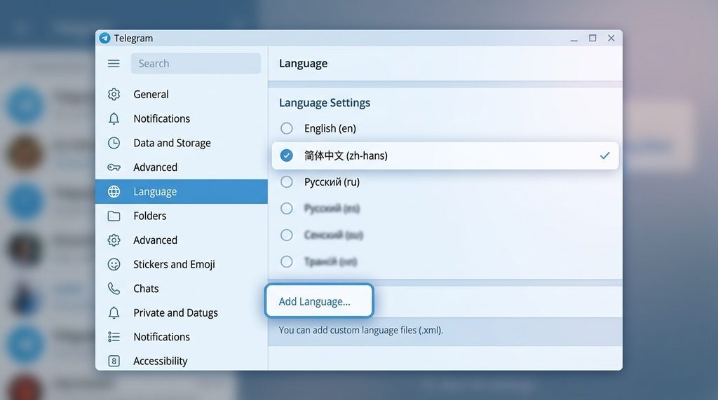 Telegram电脑端设置菜单中，Advanced高级设置下语言选择列表的详细截图