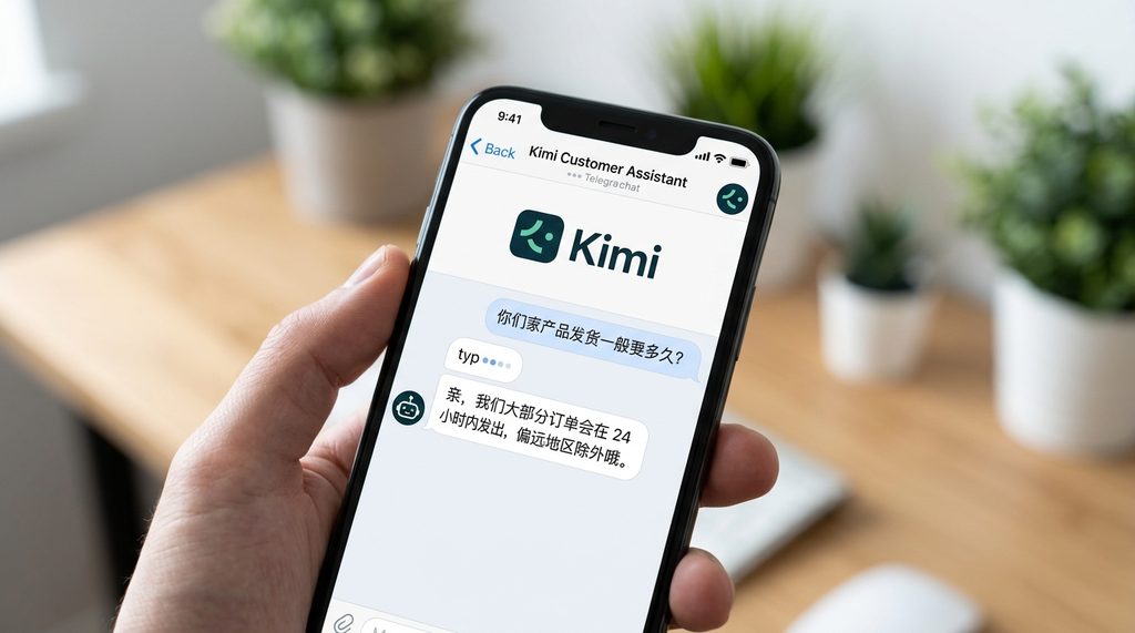 手机屏幕显示 Telegram 聊天界面，机器人正在快速响应用户咨询，对话框上方显示 Kimi 标志