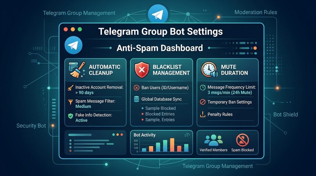 一张展示Telegram机器人管理后台的示意图，界面包含“自动清理”、“黑名单”和“禁言时长”设置选