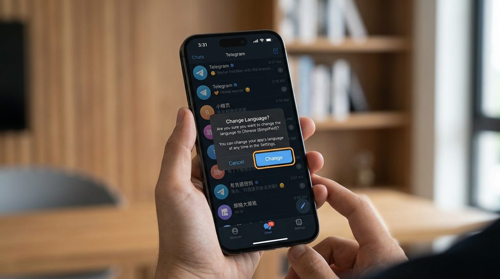 一部智能手机屏幕显示 Telegram 汉化安装提示弹窗，界面清晰展示“Change”按钮