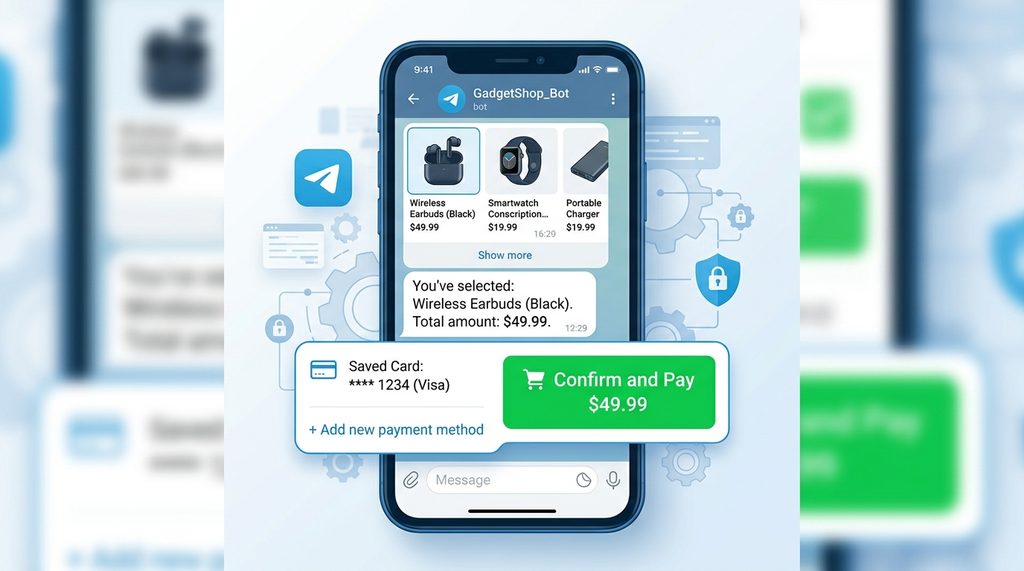 用户在Telegram界面中使用Bot进行商品浏览和结算的手机屏幕截图，界面简洁直观，突出支付确认按