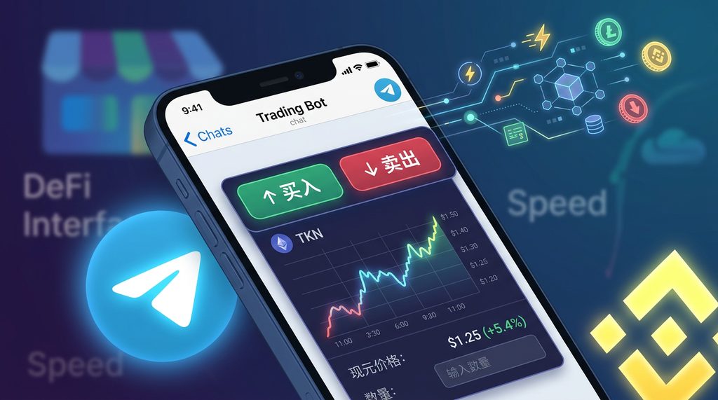 一个简洁的手机界面，Telegram 聊天窗口内显示着代币交易界面，上方有买入/卖出按钮和实时的代币
