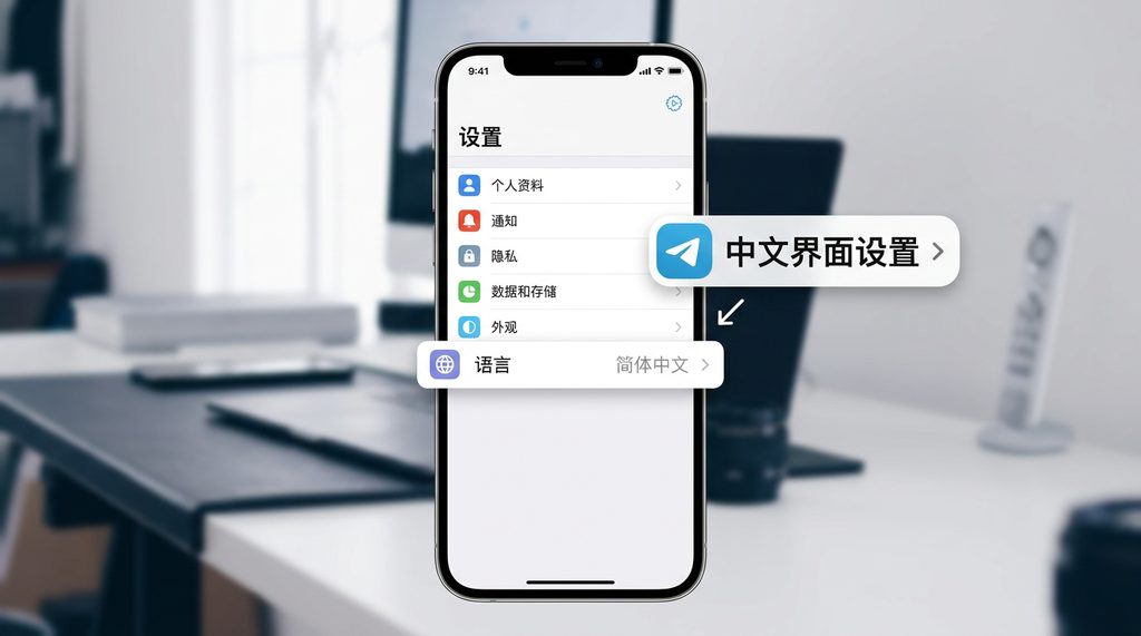 Telegram 设置菜单页面，清晰显示中文菜单项和简洁的 UI 设计