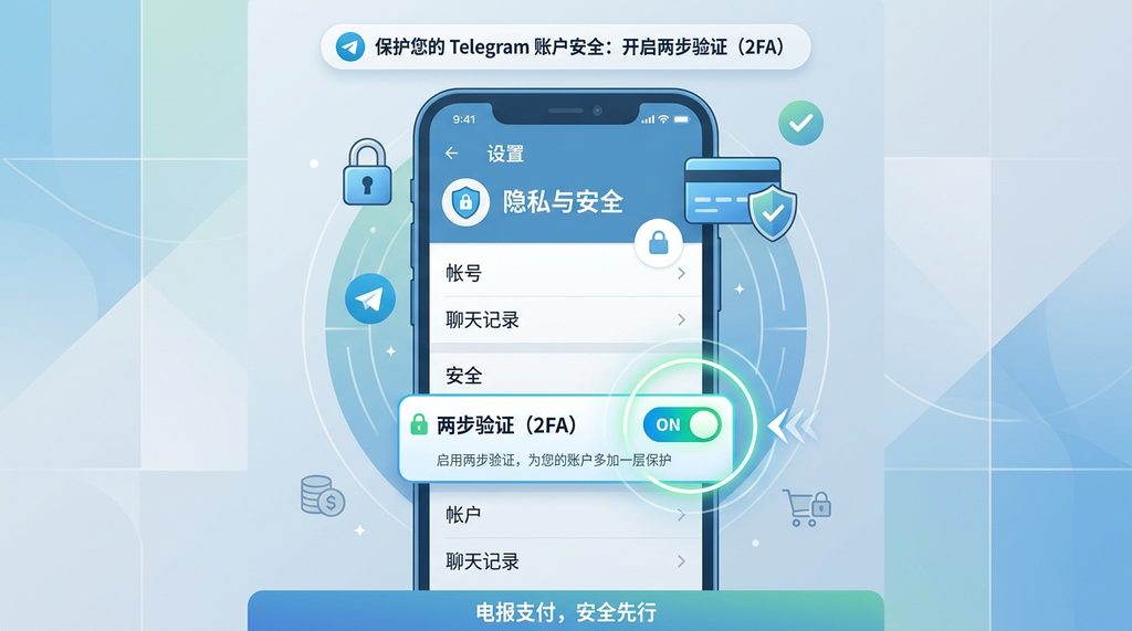 Telegram隐私与安全设置界面，重点突出两步验证功能的开关按钮，示意图风格简洁