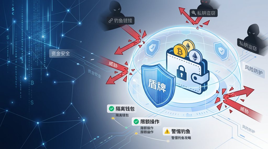 一张信息安全示意图，显示着一个钱包图标被一道虚拟防线保护起来，背景是发光的数字线条，风格极简且专业