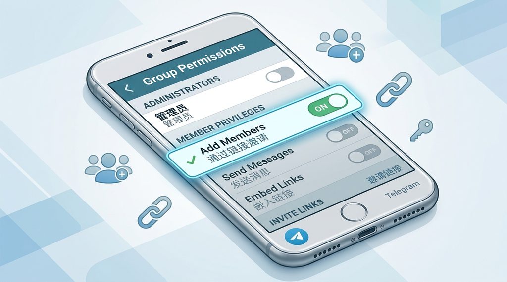 一个手机屏幕显示Telegram群组权限设置页面的界面，高亮显示成员邀请选项，简约现代图标风格