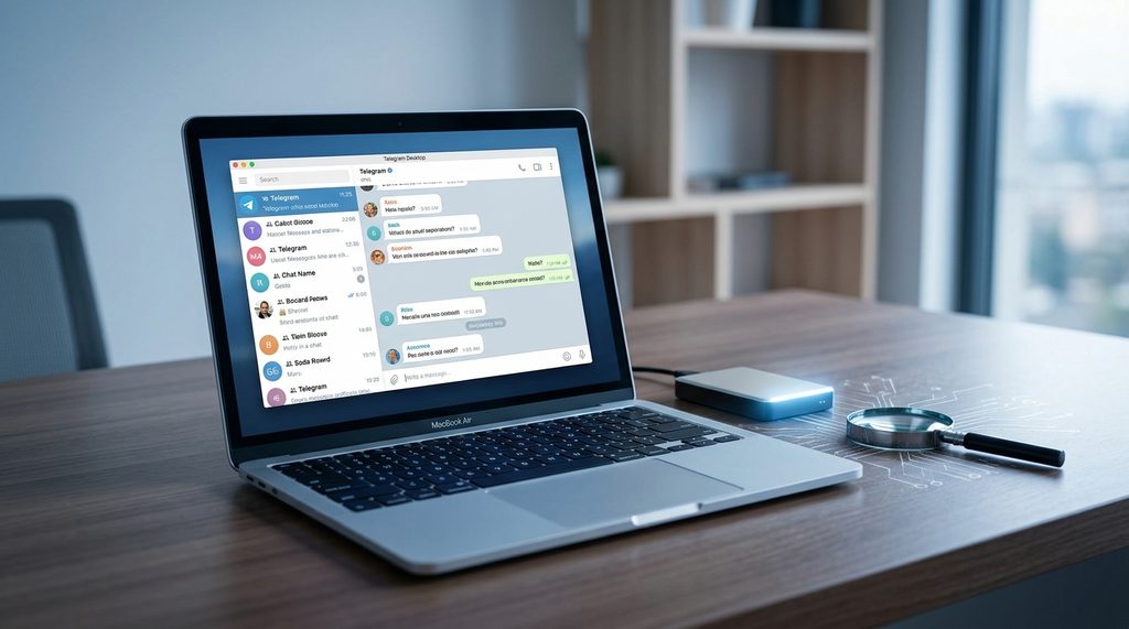 一台笔记本电脑屏幕显示着Telegram桌面版界面，周围环境简洁，体现数字取证或数据查找的氛围