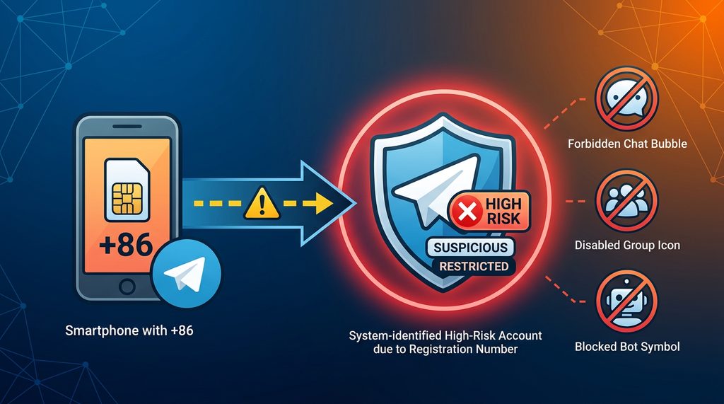 一个简单的图标示意图，展示了国内手机号注册Telegram后被系统识别为高风险账号的警示标记