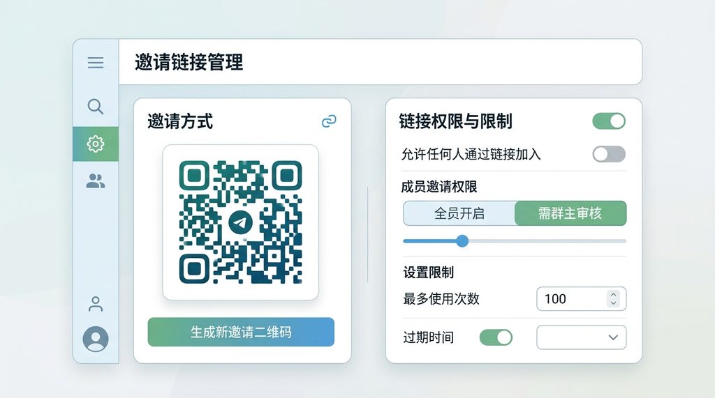 极简风格的Telegram邀请链接管理页面，展示了二维码生成与权限限制的选项
