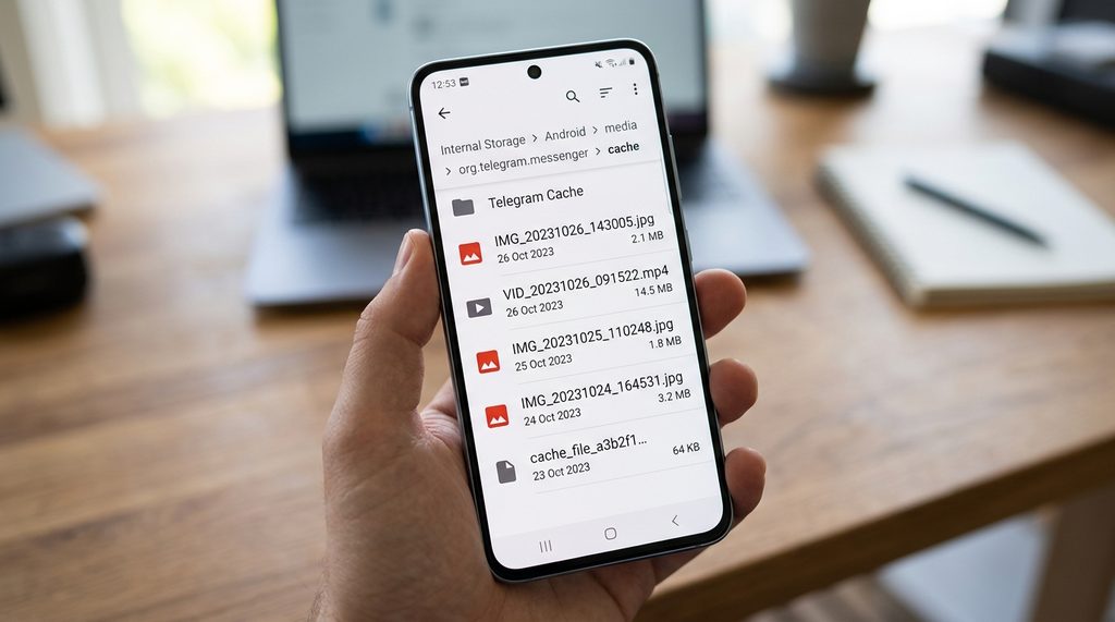 手机文件管理器的界面特写，展示着安卓系统Telegram缓存文件夹内的文件列表