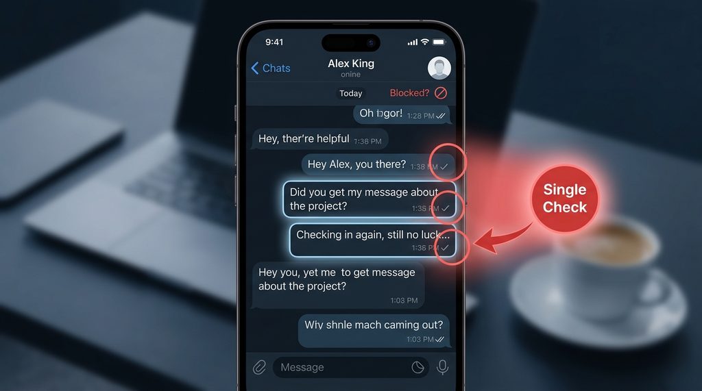 Telegram聊天对话框截图，重点标注发送出去但停留在单勾状态的消息，风格为深色模式下的UI界面