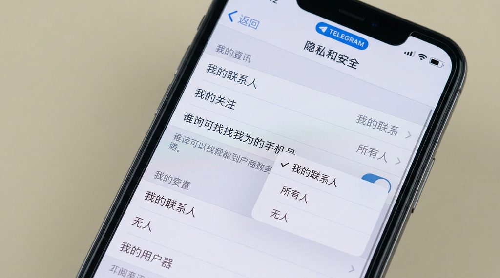 手机设置界面特写，展示了Telegram隐私设置中“谁可以通过手机号找到我”的选项，建议将其修改为“