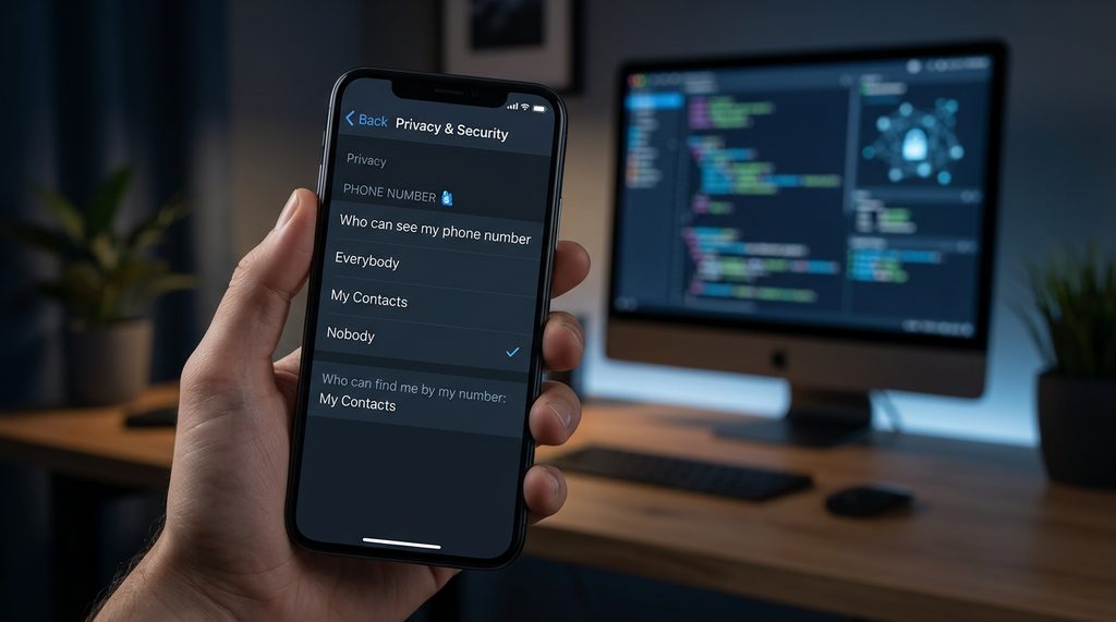 手机屏幕展示 Telegram 隐私设置界面，勾选手机号码<a href=