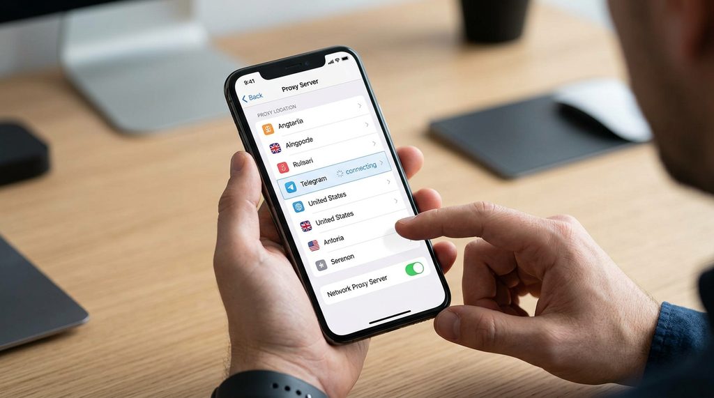 一位用户在手机上操作网络设置，界面显示正在切换代理服务器节点，风格简洁清晰