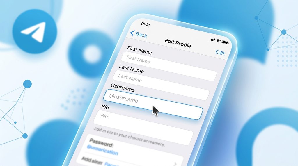 手机屏幕截图，显示Telegram编辑个人资料页面，光标停留在用户名设置栏，界面简洁现代