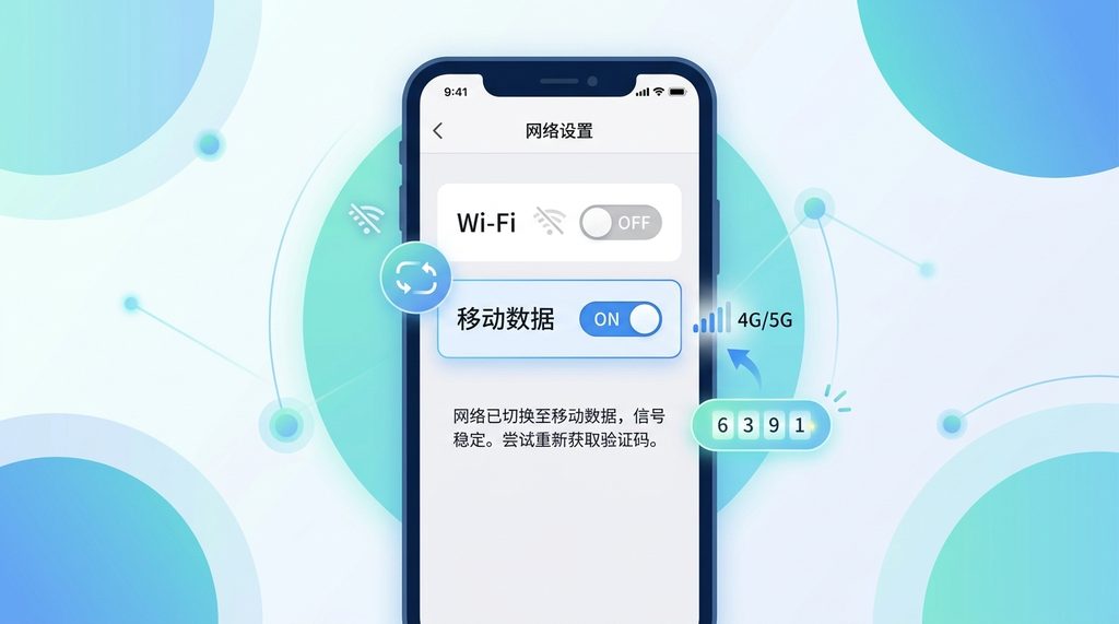 一个清晰的手机网络设置界面，显示 Wi-Fi 与移动数据切换的演示，风格简洁现代