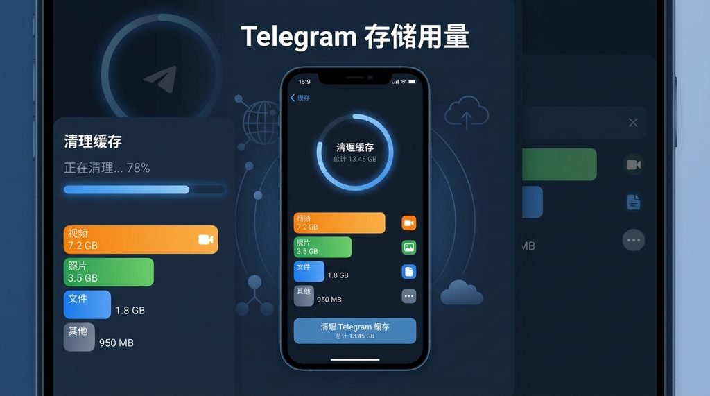 Telegram存储用量界面，显示缓存清理进度条和不同文件类型的占用比例，简洁现代UI风格