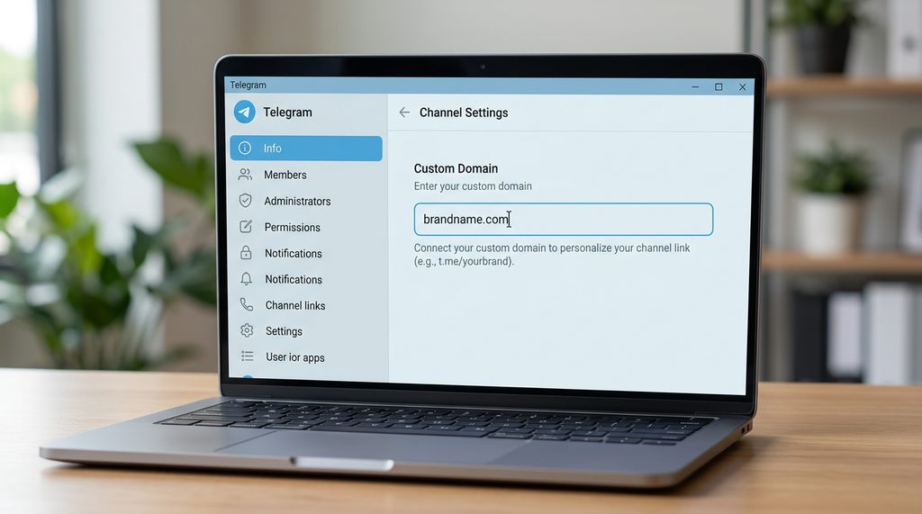 一台笔记本电脑屏幕，显示 Telegram 频道设置后台，光标正在输入自定义域名的输入框中，界面简洁