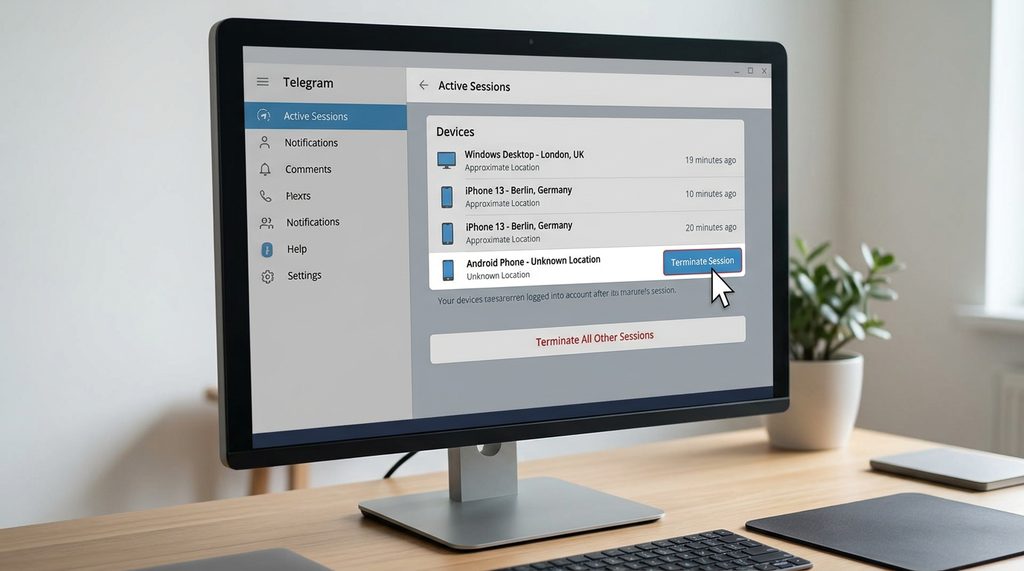电脑屏幕显示 Telegram 活跃会话管理列表,鼠标光标点击终止会话按钮,界面清晰简洁