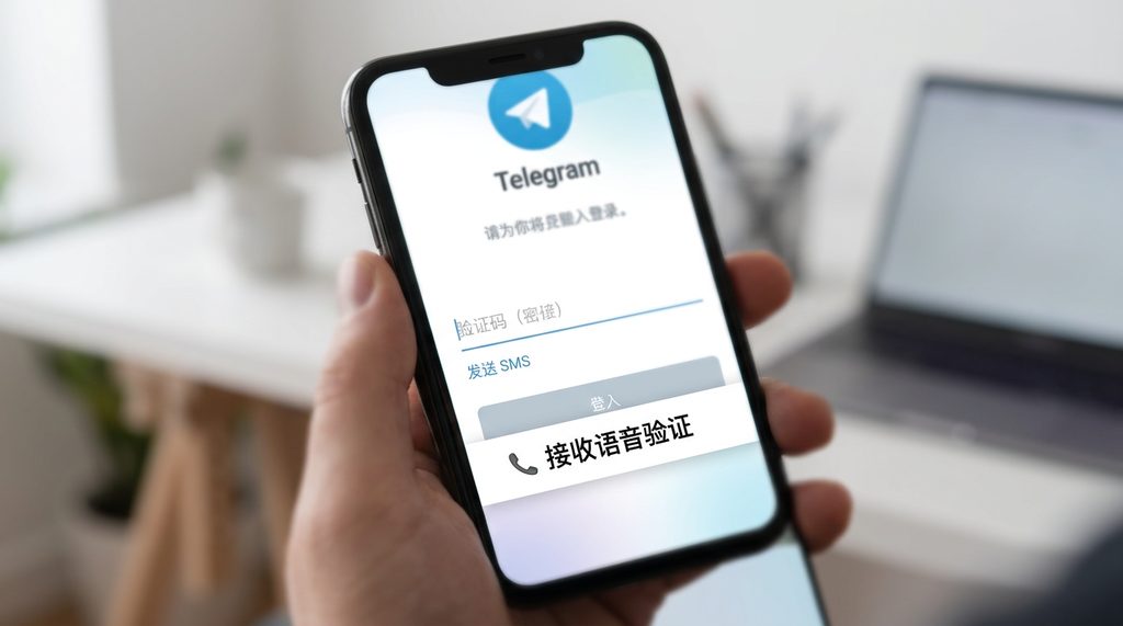 Telegram 登录界面显示“接收语音验证”选项的特写镜头，背景模糊处理
