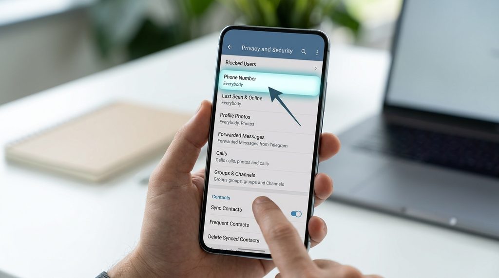 智能手机隐私设置界面，展示Telegram隐私与安全选项，特别突出联系人权限配置，高清晰度风格