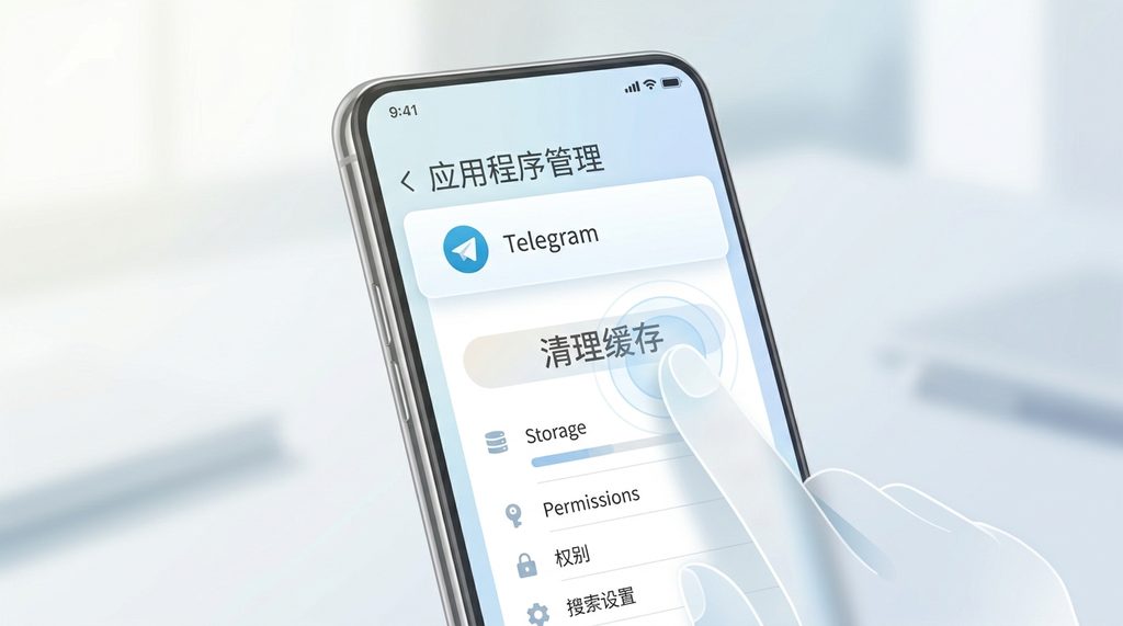 手机设置界面中，应用管理内点击“清理缓存”的示意图，背景干净明亮