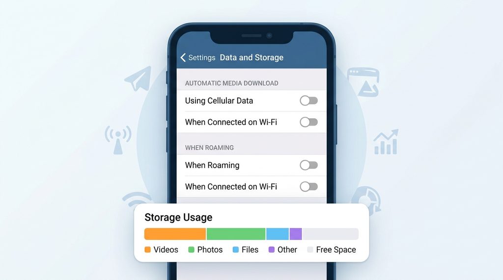 Telegram自动媒体下载设置页面，展示开启/关闭自动下载的开关，配色为Telegram经典蓝色系
