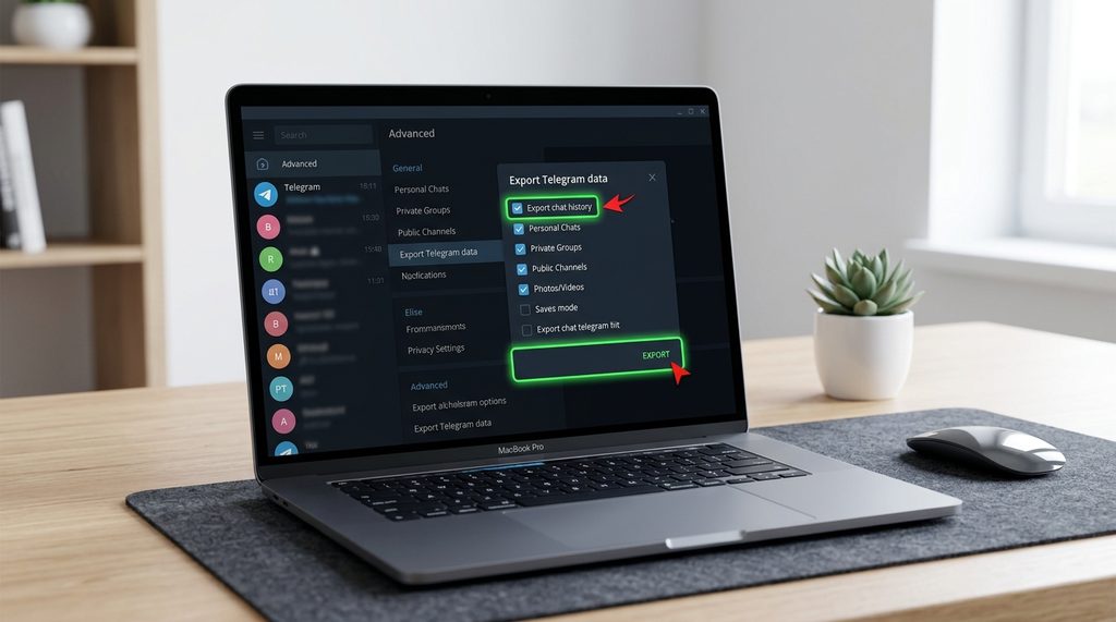 展示 Telegram Desktop 导出数据界面的截图，高亮标注“Export chat his