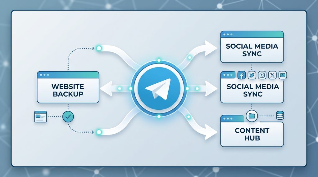 极简风格的 Telegram 频道与外部网站连接的示意图，线条流畅，展现自动化流程
