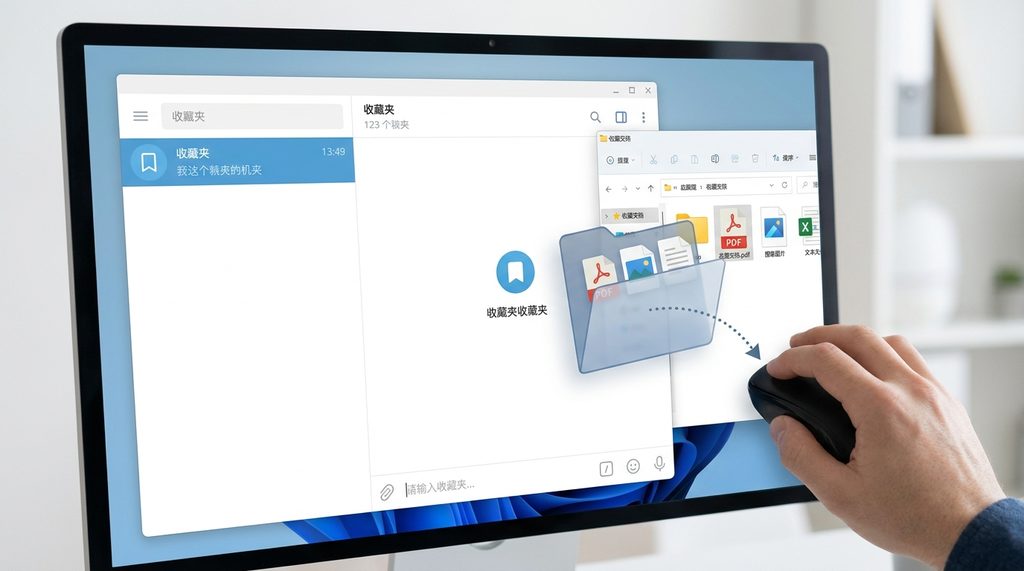 用户在电脑端Telegram界面,将本地文件夹拖入Saved Messages对话框的操作演示