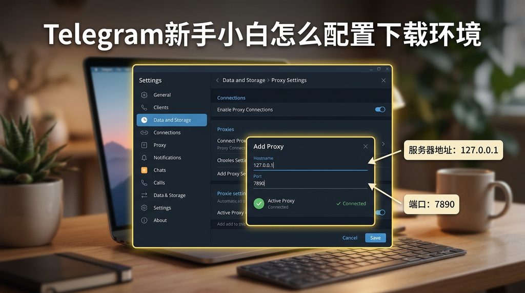 展示 Telegram 桌面版设置菜单中的 Proxy 代理配置界面，清晰标注服务器地址与端口输入框
