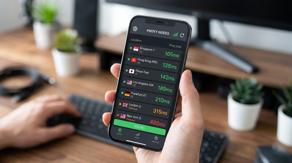 一部手机屏幕显示代理软件的节点延迟列表,其中多个节点显示为绿色低延迟数值,界面风格简洁现代