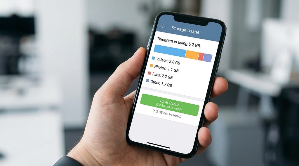 一个清晰的智能手机显示 Telegram 存储使用情况统计界面，下方有“清理缓存”的按钮