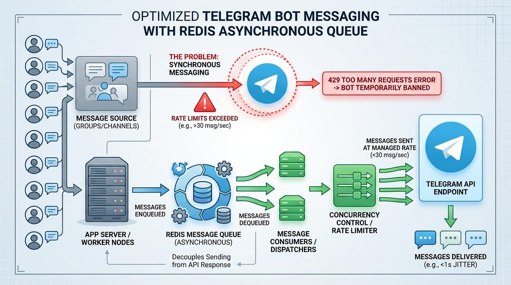 展示 Redis 队列与 Telegram API 交互的逻辑流程图,简洁风格,包含消息队列、服务器