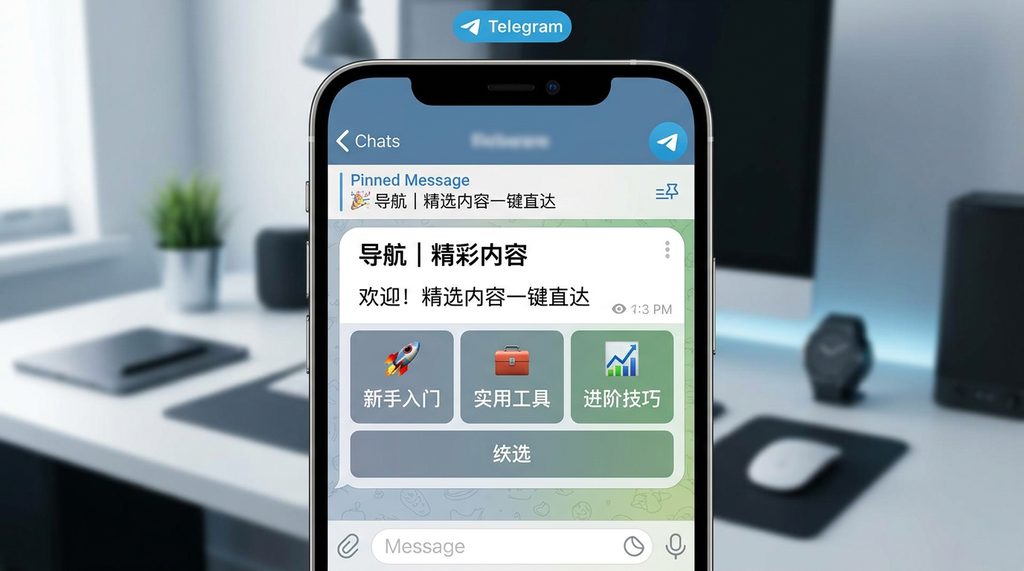 Telegram 频道界面截图，顶部置顶了一篇带目录的导航贴，包含多个跳转按钮