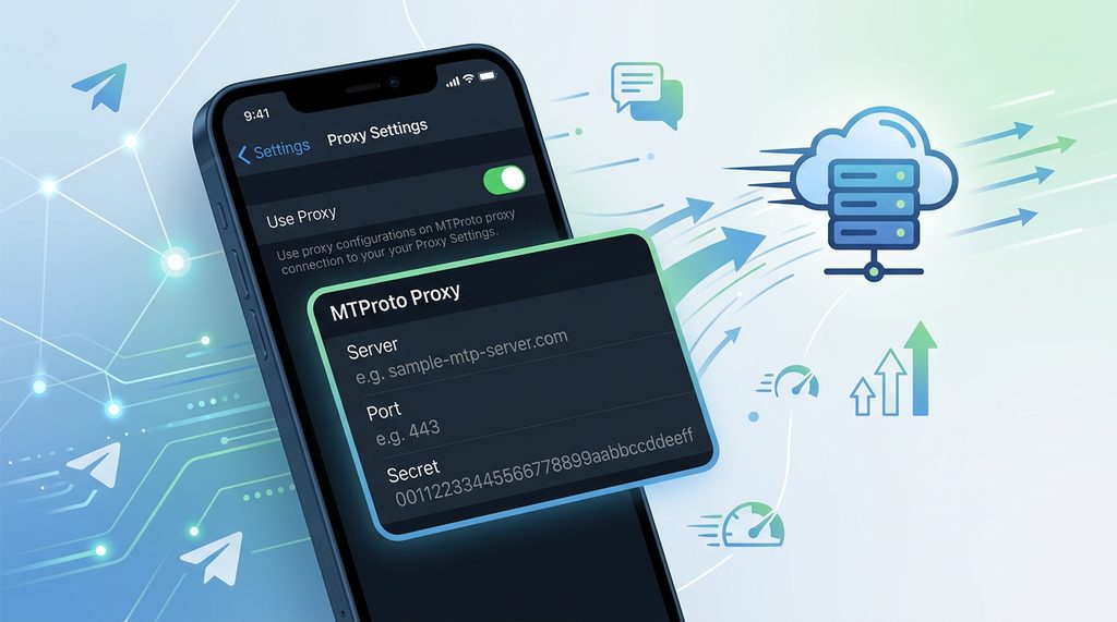 Telegram 设置界面中 Proxy 代理设置的详细操作截图,展示 MTProto 配置输入框