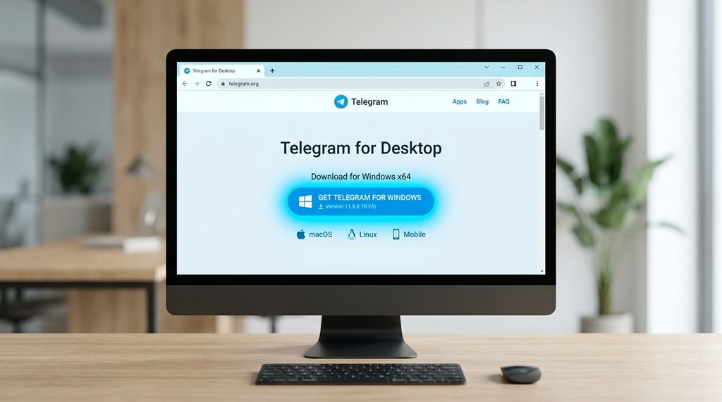 一个清晰的电脑显示器屏幕，展示着 Telegram 官方网站界面，重点突出官方下载按钮，极简风格