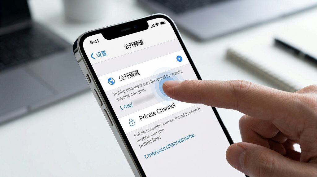 一部显示 Telegram 搜索设置界面的智能手机,光标正指向过滤模式开关,界面简洁现代