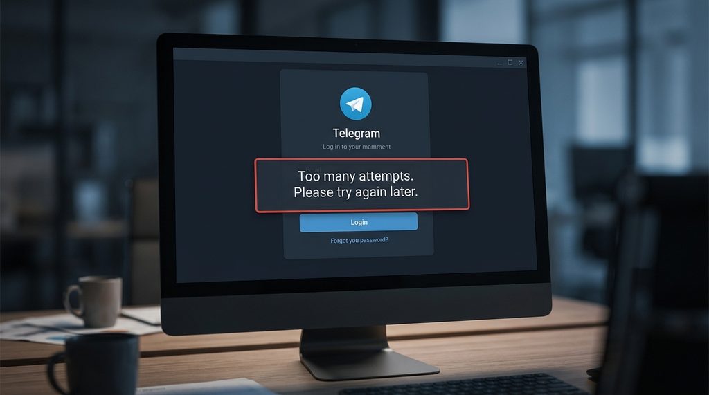 一个深色调的桌面显示器界面,显示Telegram登录界面弹出错误提示框,背景模糊,呈现出一种焦虑等待
