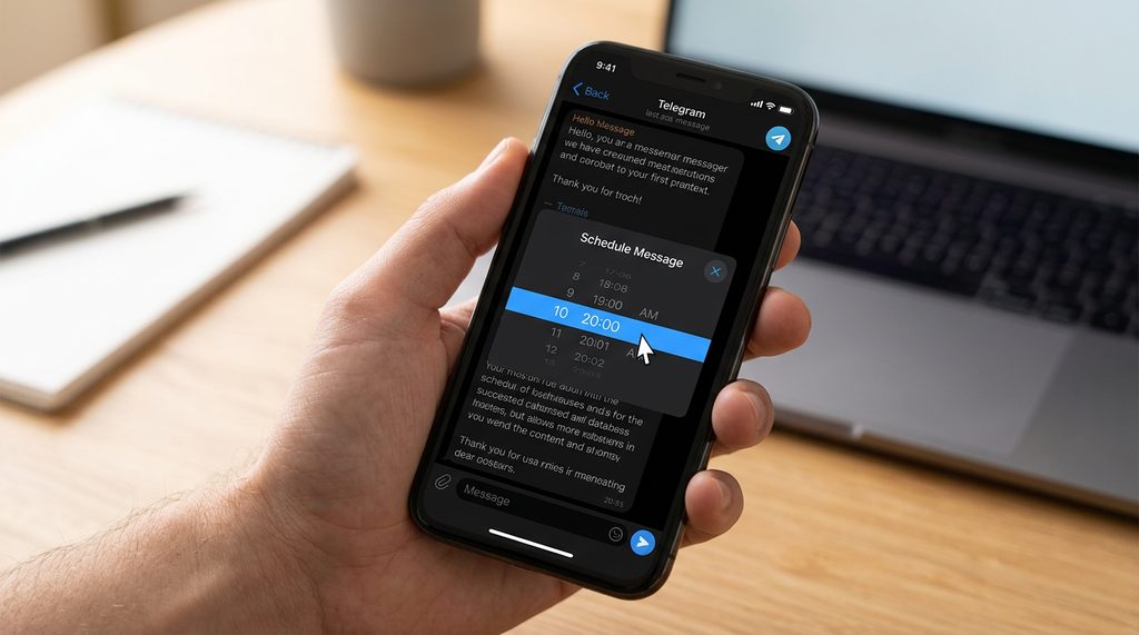 一个智能手机屏幕显示 Telegram 消息发送界面,弹出定时发送设置的弹出框,光标正选定具体时间