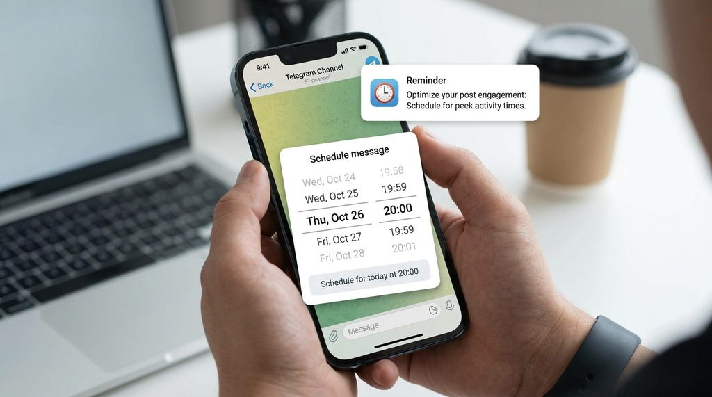 Telegram 手机端定时消息设置界面，选择日期和时间的弹出窗口