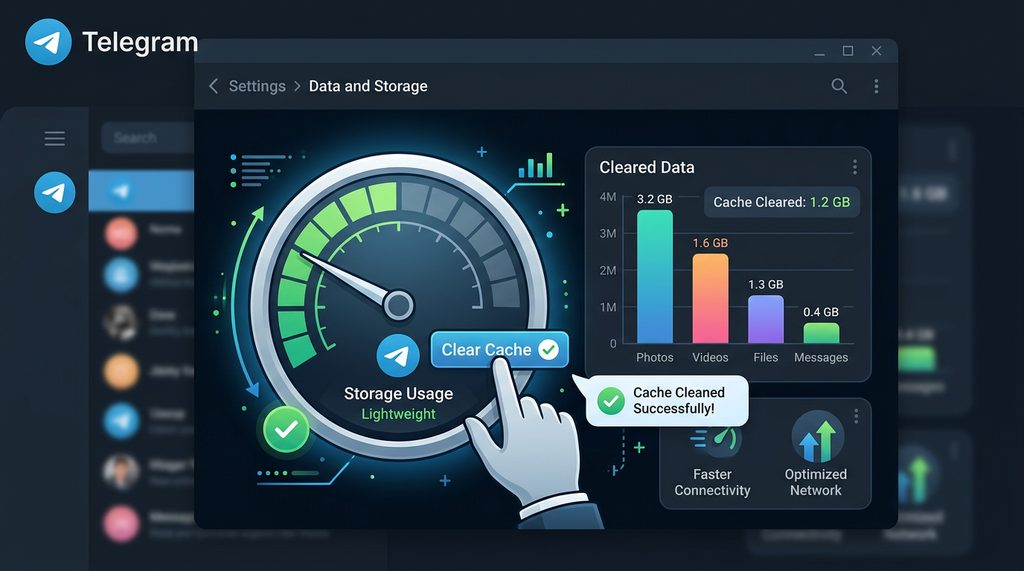 Telegram 存储空间管理界面,显示已清理的缓存数据和存储使用统计图表