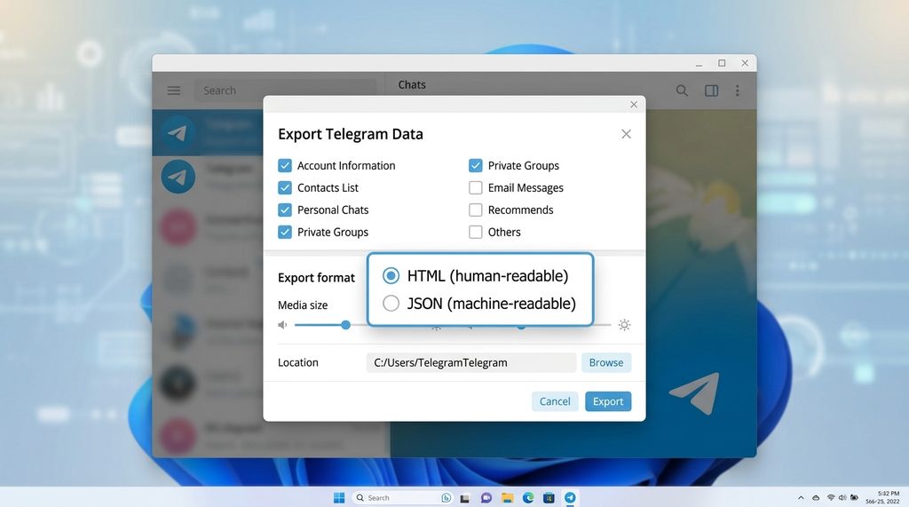 电脑桌面显示Telegram导出聊天记录的设置窗口，包含HTML和JSON格式选择选项，细节清晰可见