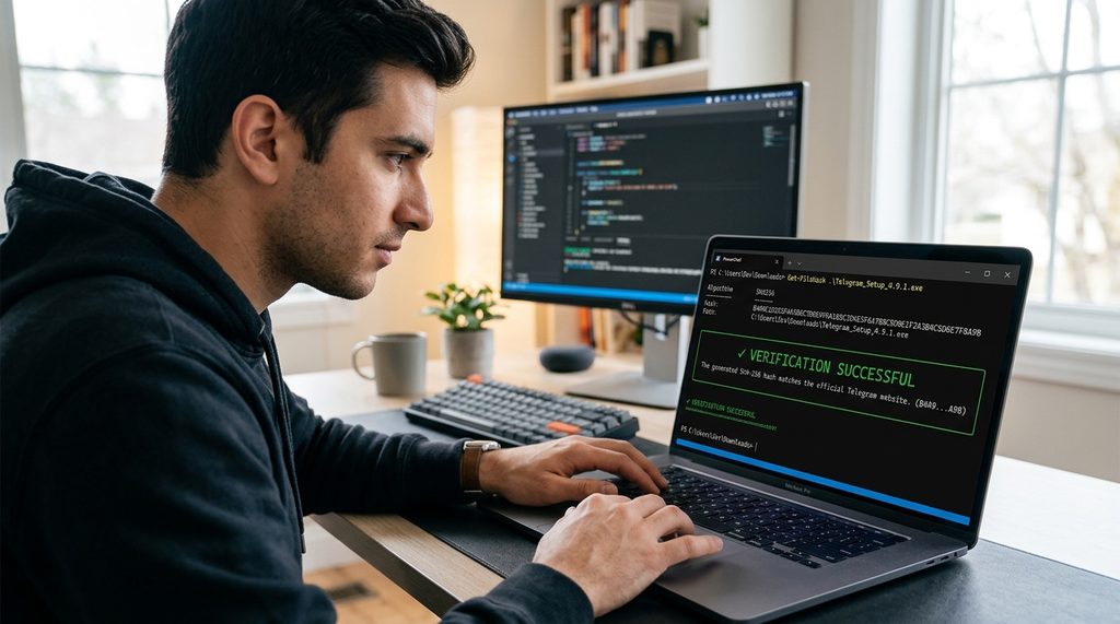程序员在电脑上使用命令行工具对比文件哈希值的特写镜头，屏幕显示绿色的验证通过提示