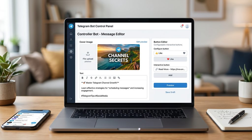 电脑屏幕展示 Telegram 的机器人控制面板界面,显示正在配置频道消息的布局,包含图片、文本和底