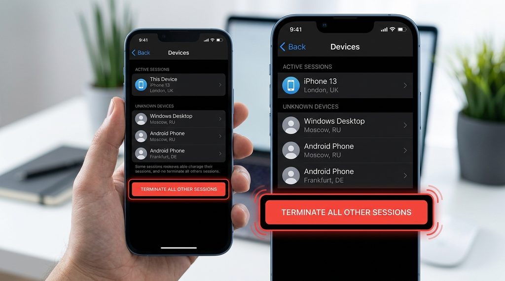 Telegram设置界面中“设备”选项的截图,突出显示“终止所有其他会话”的红色按钮