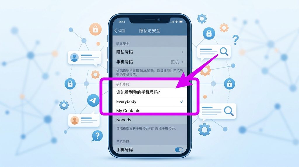 一部智能手机的屏幕,展示 Telegram 隐私与安全设置菜单的界面,高亮显示手机号码隐私选项