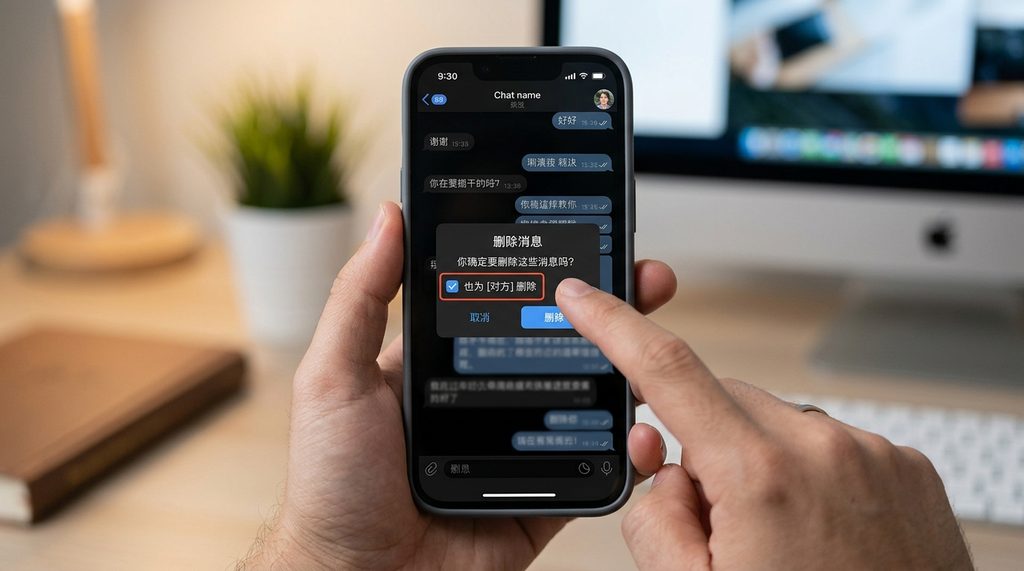 手持智能手机演示Telegram删除消息的弹窗界面，手指正勾选“同时为对方删除”选项，简洁清晰