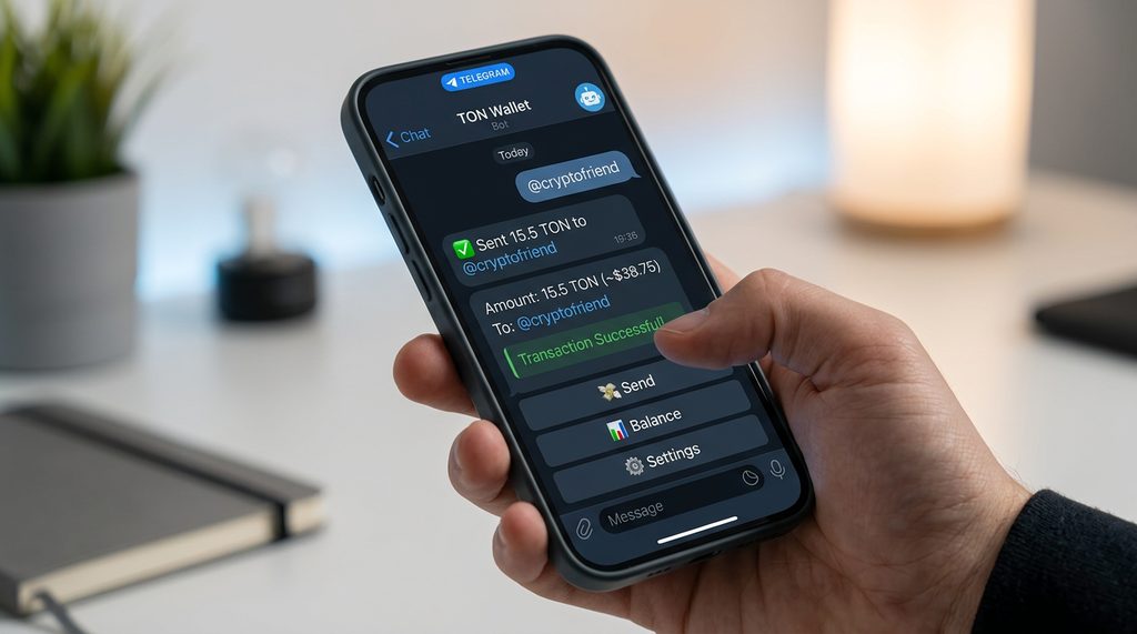 一部智能手机显示 Telegram 界面，用户通过聊天窗口直接交互加密货币钱包的特写镜头