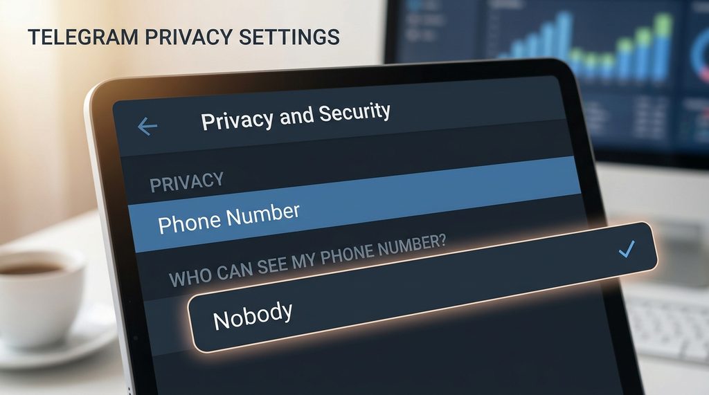 Telegram隐私设置面板,展示“手机号码”选项设置为“无人可见”的界面